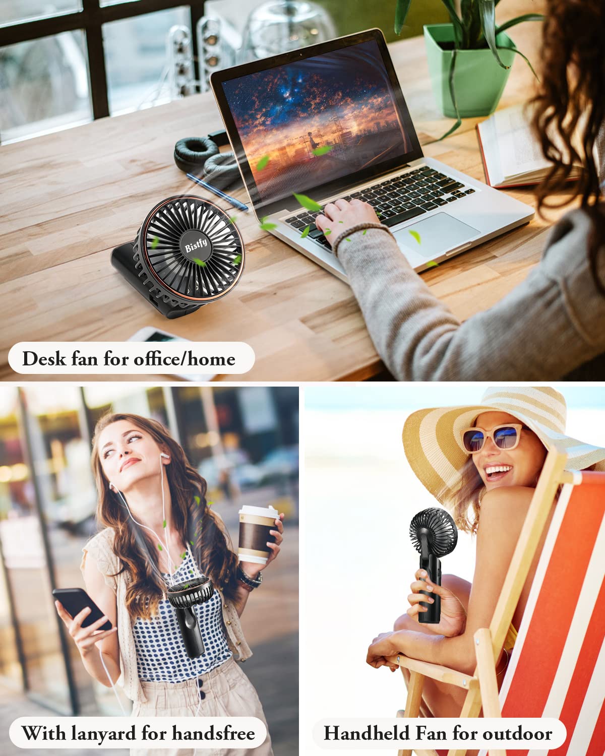 Bistfy Ventilatore Portatile 5200mAh Ultra Silenzioso 6 Velocità USB C Mini Ventilatori da Tavolo con LCD Display, 180° Pieghevole con Cordino come Ventilatore da Collo