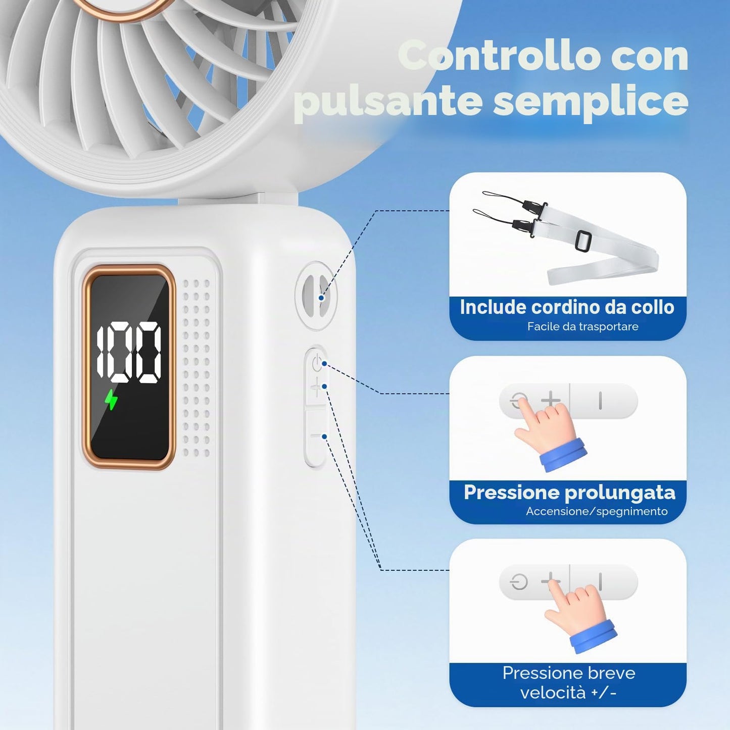 Ventilatore Portatile, 6000mAh Batteria, 5 Velocità Ventilatore USB con LCD Display, 120° Pieghevole Ventilatore da Tavolo, 3 in 1 Mini Ventilatore per Ufficio, Camera da Letto, Viaggi e All’aperto