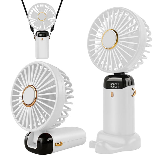 Jsdoin - Mini ventilatore portatile, ricaricabile tramite USB, 5 velocità, a batteria, pieghevole, da scrivania, con display LED, per casa, ufficio, camera da letto, viaggi e all’aperto (Bianco)