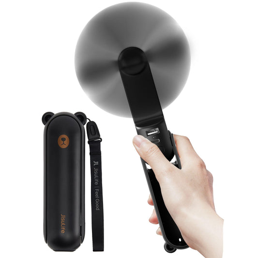 JISULIFE Ventilatore portatile con Powerbank da 4500 mAh,autonomia massima di 46 ore,ventola tascabile alimentata a batteria,ventola personale pieghevole alimentata tramite USB,3 velocità-Nero