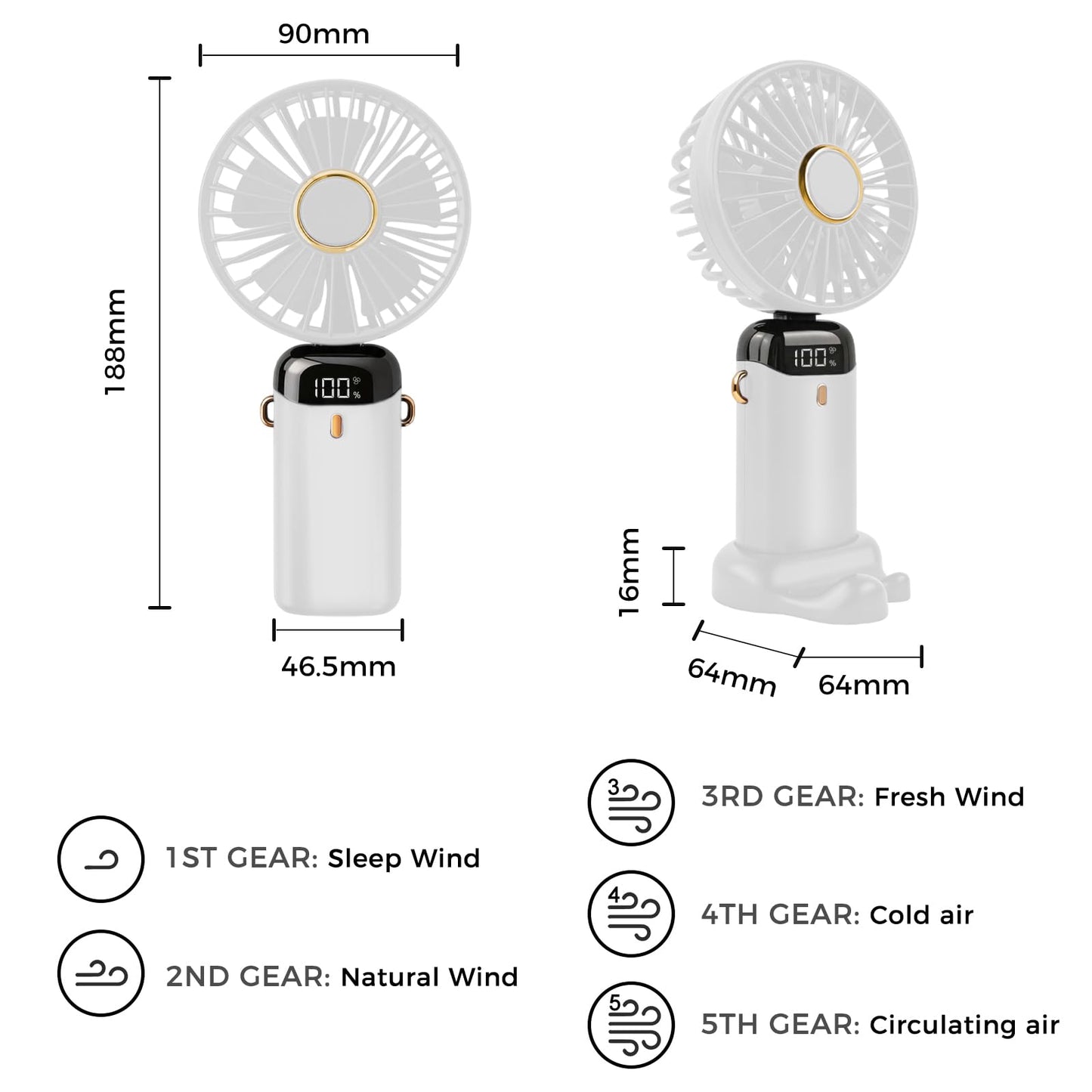 Jsdoin - Mini ventilatore portatile, ricaricabile tramite USB, 5 velocità, a batteria, pieghevole, da scrivania, con display LED, per casa, ufficio, camera da letto, viaggi e all’aperto (Bianco)
