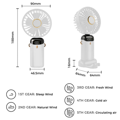 Jsdoin - Mini ventilatore portatile, ricaricabile tramite USB, 5 velocità, a batteria, pieghevole, da scrivania, con display LED, per casa, ufficio, camera da letto, viaggi e all’aperto (Bianco)