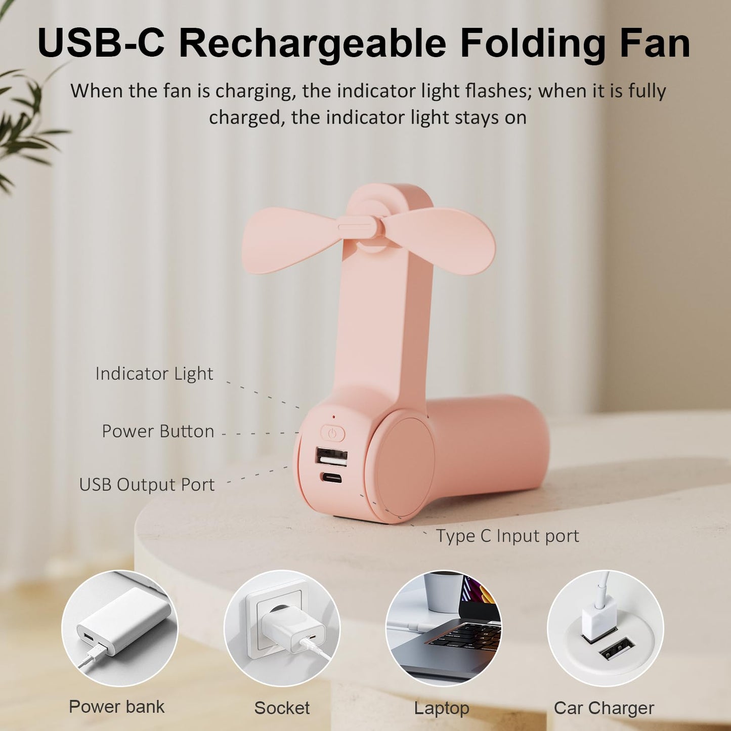 JATEKA Mini Ventilatore Portatile, Ventilatore USB 2 in 1, Velocità del Vento Pieghevole e Regolabile, Ventilatore Silenzioso con Funzione di Alimentazione Mobile, Adatto per Esterni, Viaggi, Ufficio