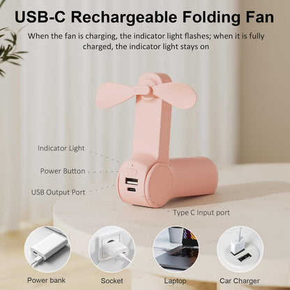 JATEKA Mini Ventilatore Portatile, Ventilatore USB 2 in 1, Velocità del Vento Pieghevole e Regolabile, Ventilatore Silenzioso con Funzione di Alimentazione Mobile, Adatto per Esterni, Viaggi, Ufficio