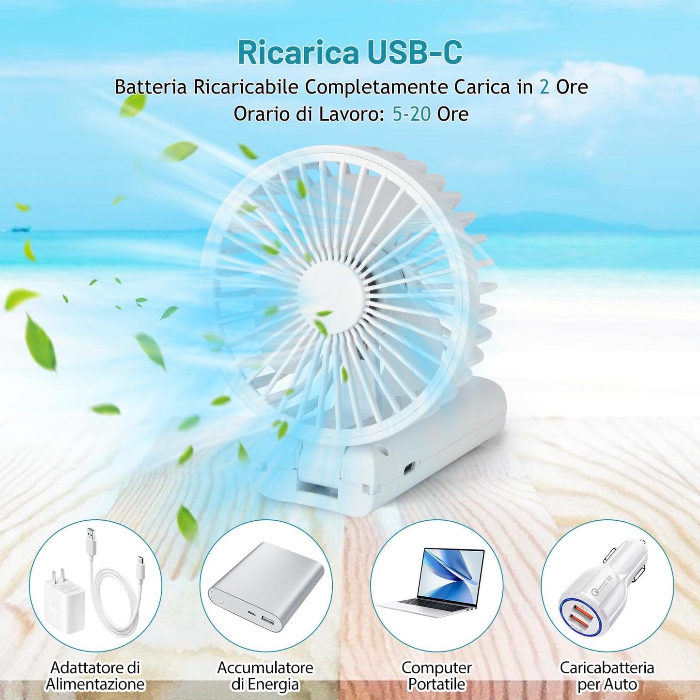 Neqraxis Ventilatore Portatile,Mini Ventilatore USB Ricaricabile,Pieghevole Ventilatore A Mano Silenzioso Potente,3000 mAh, 3 velocità di ventilazione da Tavolo per Viaggi,Ufficio,Campeggio-Bianco