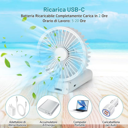 Neqraxis Ventilatore Portatile,Mini Ventilatore USB Ricaricabile,Pieghevole Ventilatore A Mano Silenzioso Potente,3000 mAh, 3 velocità di ventilazione da Tavolo per Viaggi,Ufficio,Campeggio-Bianco