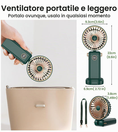 BSRANE Ventilatore Portatile, 3600 mAh Ventilatore USB C Ricaricabile, LED Display 5 Velocità Mini Ventilatore Portatile Pieghevole, Ventilatore a Batteria per Viaggio, Pic-nic, Spiaggia, Campeggio