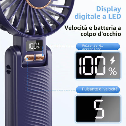 Ajgvq Ventilatore Portatile, 5 Velocità Ventilatore USB Ricaricabile di 4500mAh Batteria (Autonomia 20h), 180° Girevole Ventilatore Silenzioso, Display a LED, 3 in 1 Ventilatore da Tavolo/Mano/Collo