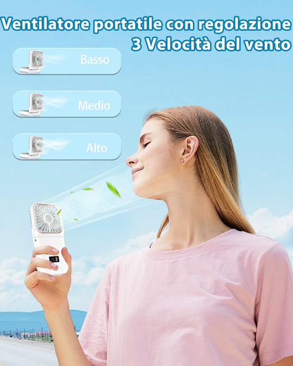 Ventilatore Portatile a Batteria 4000mAh, Mini Ventilatore a Mano Pieghevole con Aroma e Supporto Telefono, Display LED e 3 Velocità, Autonomia 8 Ore, per Viaggio, Mezzi Pubblici e Amanti Profumi