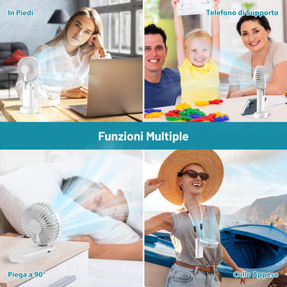 Neqraxis Ventilatore Portatile,Mini Ventilatore USB Ricaricabile,Pieghevole Ventilatore A Mano Silenzioso Potente,3000 mAh, 3 velocità di ventilazione da Tavolo per Viaggi,Ufficio,Campeggio-Bianco
