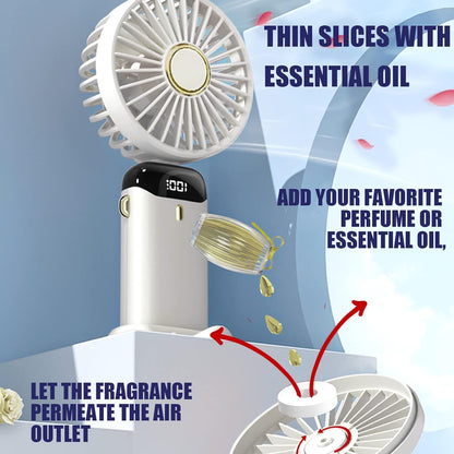 Jsdoin - Mini ventilatore portatile, ricaricabile tramite USB, 5 velocità, a batteria, pieghevole, da scrivania, con display LED, per casa, ufficio, camera da letto, viaggi e all’aperto (Bianco)