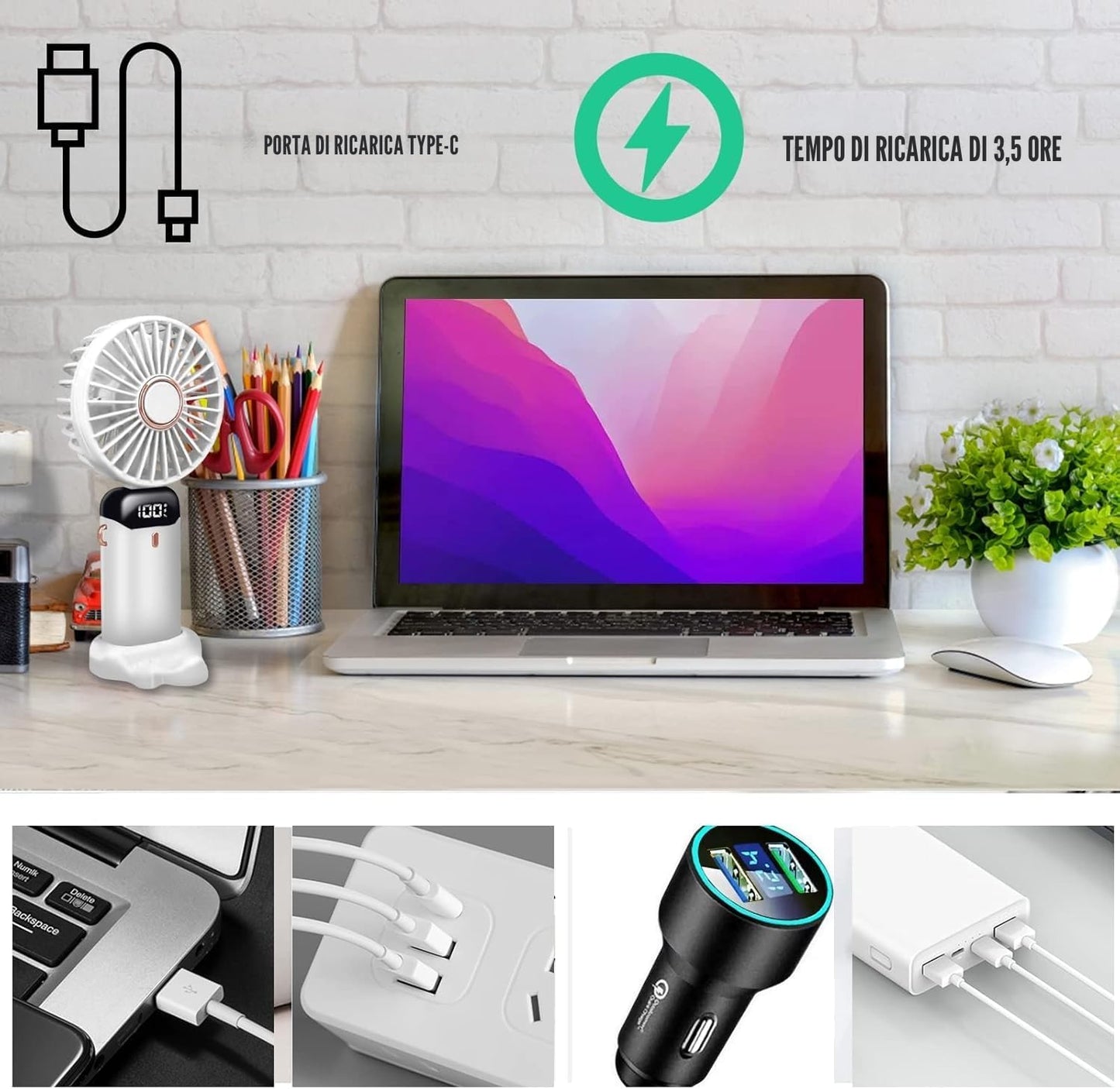 Jsdoin - Mini ventilatore portatile, ricaricabile tramite USB, 5 velocità, a batteria, pieghevole, da scrivania, con display LED, per casa, ufficio, camera da letto, viaggi e all’aperto (Bianco)