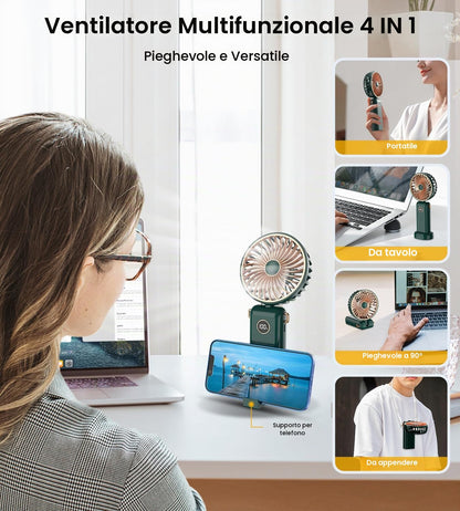 BSRANE Ventilatore Portatile, 3600 mAh Ventilatore USB C Ricaricabile, LED Display 5 Velocità Mini Ventilatore Portatile Pieghevole, Ventilatore a Batteria per Viaggio, Pic-nic, Spiaggia, Campeggio