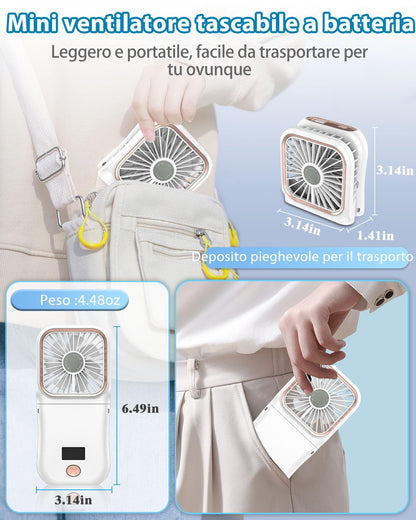 Ventilatore Portatile a Batteria 4000mAh, Mini Ventilatore a Mano Pieghevole con Aroma e Supporto Telefono, Display LED e 3 Velocità, Autonomia 8 Ore, per Viaggio, Mezzi Pubblici e Amanti Profumi
