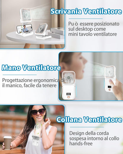 Ventilatore Portatile a Batteria 4000mAh, Mini Ventilatore a Mano Pieghevole con Aroma e Supporto Telefono, Display LED e 3 Velocità, Autonomia 8 Ore, per Viaggio, Mezzi Pubblici e Amanti Profumi