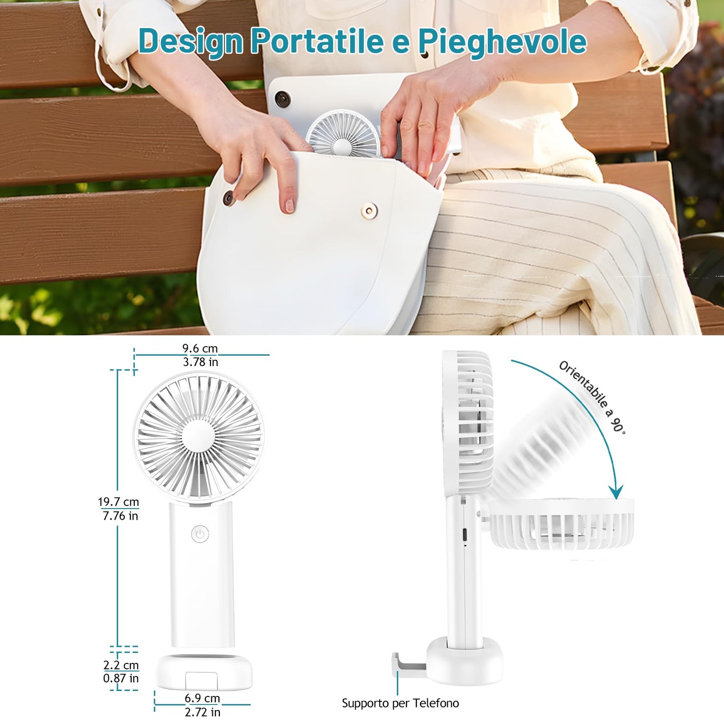 Neqraxis Ventilatore Portatile,Mini Ventilatore USB Ricaricabile,Pieghevole Ventilatore A Mano Silenzioso Potente,3000 mAh, 3 velocità di ventilazione da Tavolo per Viaggi,Ufficio,Campeggio-Bianco