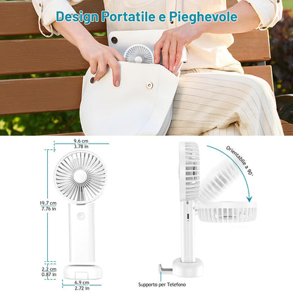 Neqraxis Ventilatore Portatile,Mini Ventilatore USB Ricaricabile,Pieghevole Ventilatore A Mano Silenzioso Potente,3000 mAh, 3 velocità di ventilazione da Tavolo per Viaggi,Ufficio,Campeggio-Bianco