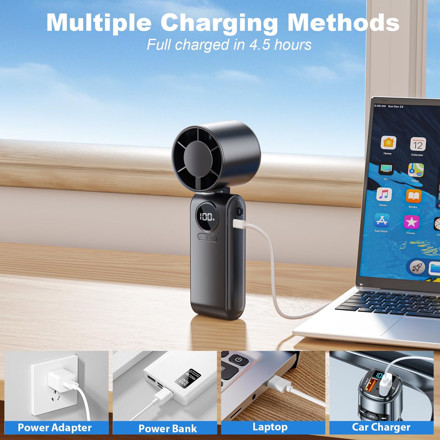 Ventilatore Portatile, Mini Ventilatore Portatile con Batteria 4000 mAh, 5 Velocità Regolabile, Pieghevole e USB-C Ricaricabile, Ventola Tascabile con LED Display Adatto Desktop/Ufficio/Viagg- Nero