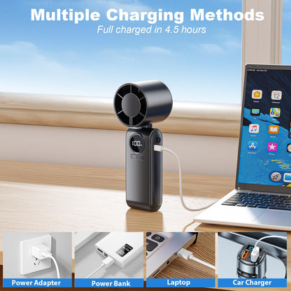 Ventilatore Portatile, Mini Ventilatore Portatile con Batteria 4000 mAh, 5 Velocità Regolabile, Pieghevole e USB-C Ricaricabile, Ventola Tascabile con LED Display Adatto Desktop/Ufficio/Viagg- Nero