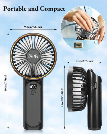 Bistfy Ventilatore Portatile 5200mAh Ultra Silenzioso 6 Velocità USB C Mini Ventilatori da Tavolo con LCD Display, 180° Pieghevole con Cordino come Ventilatore da Collo