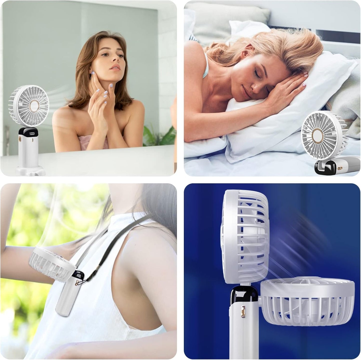 Jsdoin - Mini ventilatore portatile, ricaricabile tramite USB, 5 velocità, a batteria, pieghevole, da scrivania, con display LED, per casa, ufficio, camera da letto, viaggi e all’aperto (Bianco)
