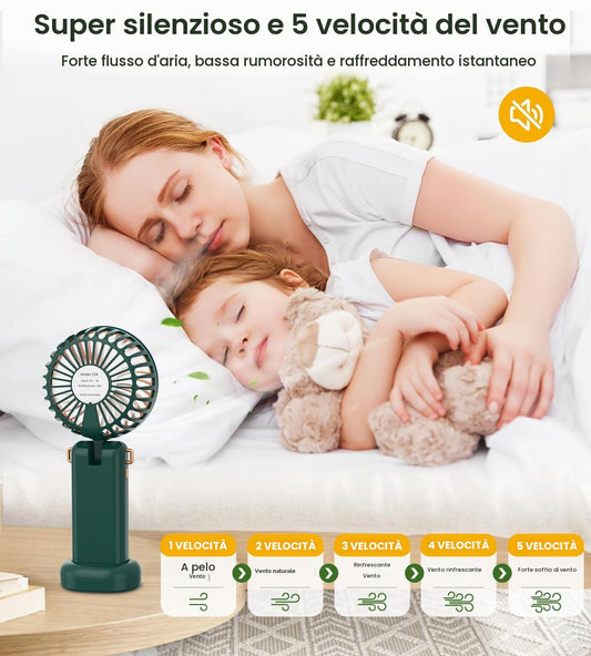 BSRANE Ventilatore Portatile, 3600 mAh Ventilatore USB C Ricaricabile, LED Display 5 Velocità Mini Ventilatore Portatile Pieghevole, Ventilatore a Batteria per Viaggio, Pic-nic, Spiaggia, Campeggio