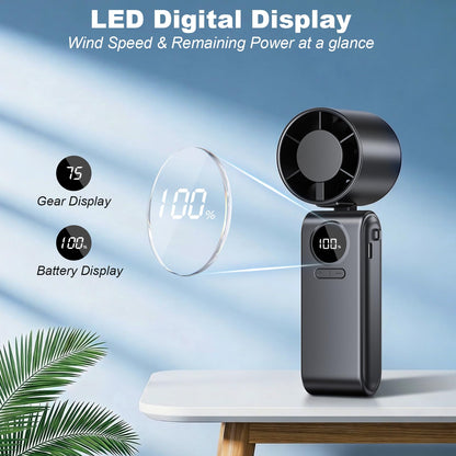 Ventilatore Portatile, Mini Ventilatore Portatile con Batteria 4000 mAh, 5 Velocità Regolabile, Pieghevole e USB-C Ricaricabile, Ventola Tascabile con LED Display Adatto Desktop/Ufficio/Viagg- Nero