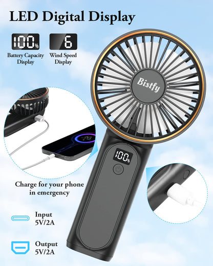 Bistfy Ventilatore Portatile 5200mAh Ultra Silenzioso 6 Velocità USB C Mini Ventilatori da Tavolo con LCD Display, 180° Pieghevole con Cordino come Ventilatore da Collo