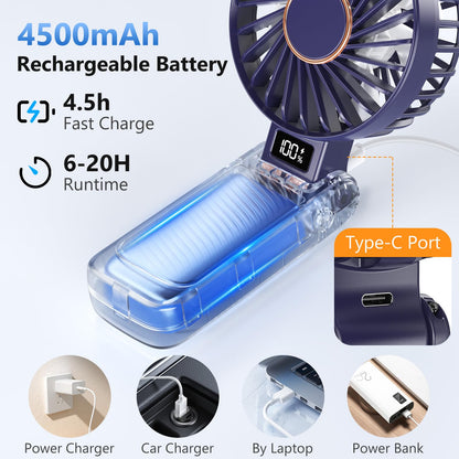 Ajgvq Ventilatore Portatile, 5 Velocità Ventilatore USB Ricaricabile di 4500mAh Batteria (Autonomia 20h), 180° Girevole Ventilatore Silenzioso, Display a LED, 3 in 1 Ventilatore da Tavolo/Mano/Collo