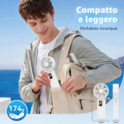 Ventilatore Portatile, 6000mAh Batteria, 5 Velocità Ventilatore USB con LCD Display, 120° Pieghevole Ventilatore da Tavolo, 3 in 1 Mini Ventilatore per Ufficio, Camera da Letto, Viaggi e All’aperto