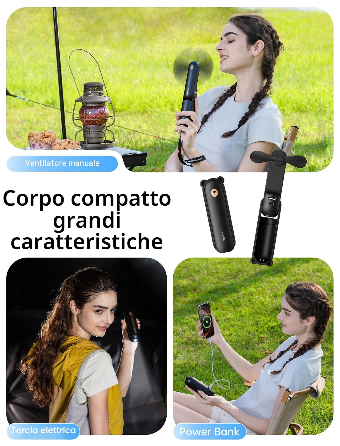 JISULIFE Ventilatore portatile con Powerbank da 4500 mAh,autonomia massima di 46 ore,ventola tascabile alimentata a batteria,ventola personale pieghevole alimentata tramite USB,3 velocità-Nero